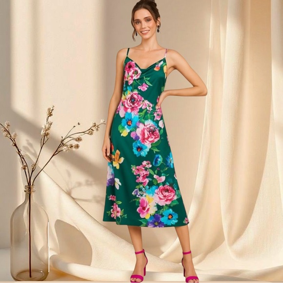 boutique Dresses & Skirts - Emerald Green Floral Satin Midi Slip Dress